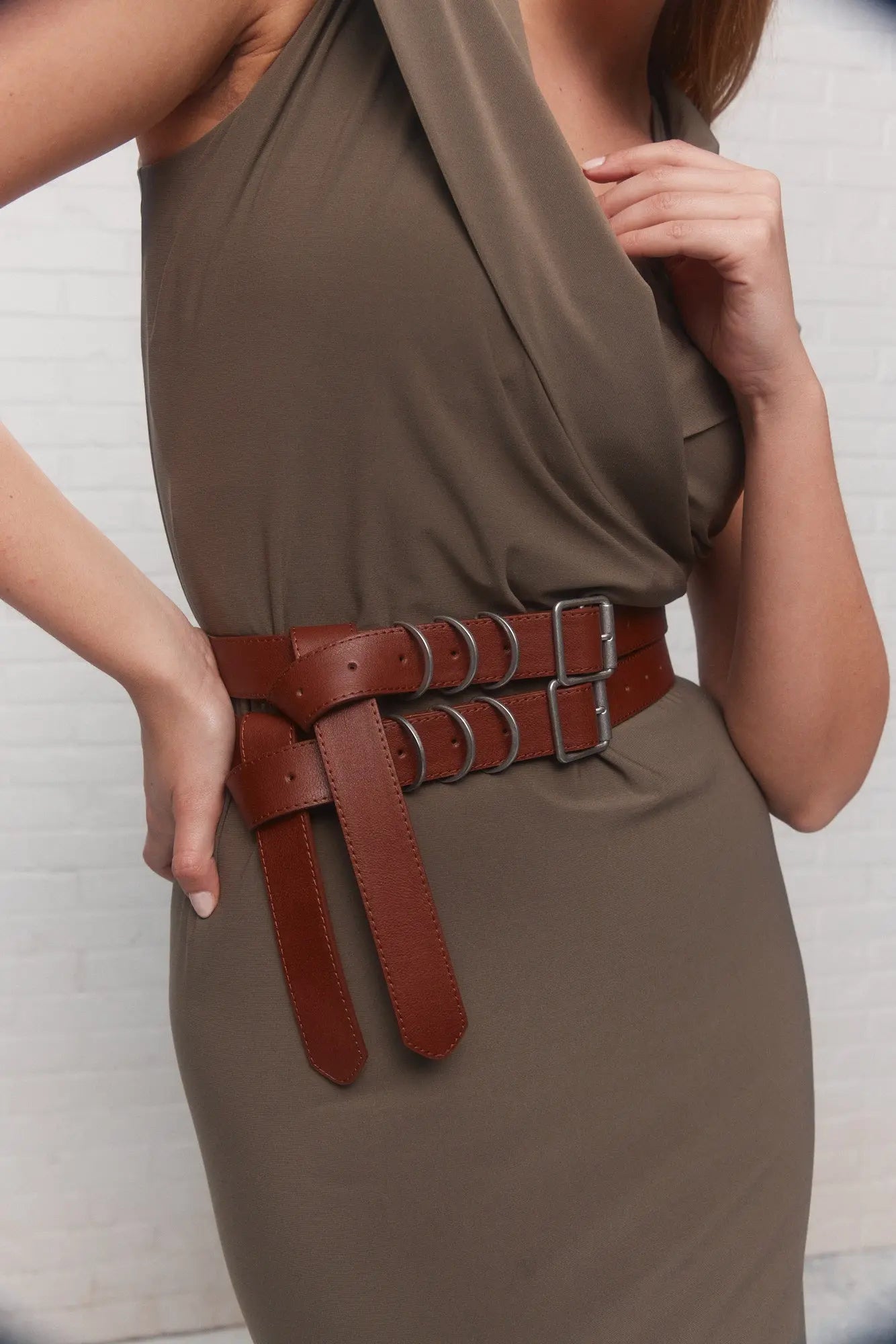 Ceinture double marron boucle argent brossé | Rafele JOELLE Collection