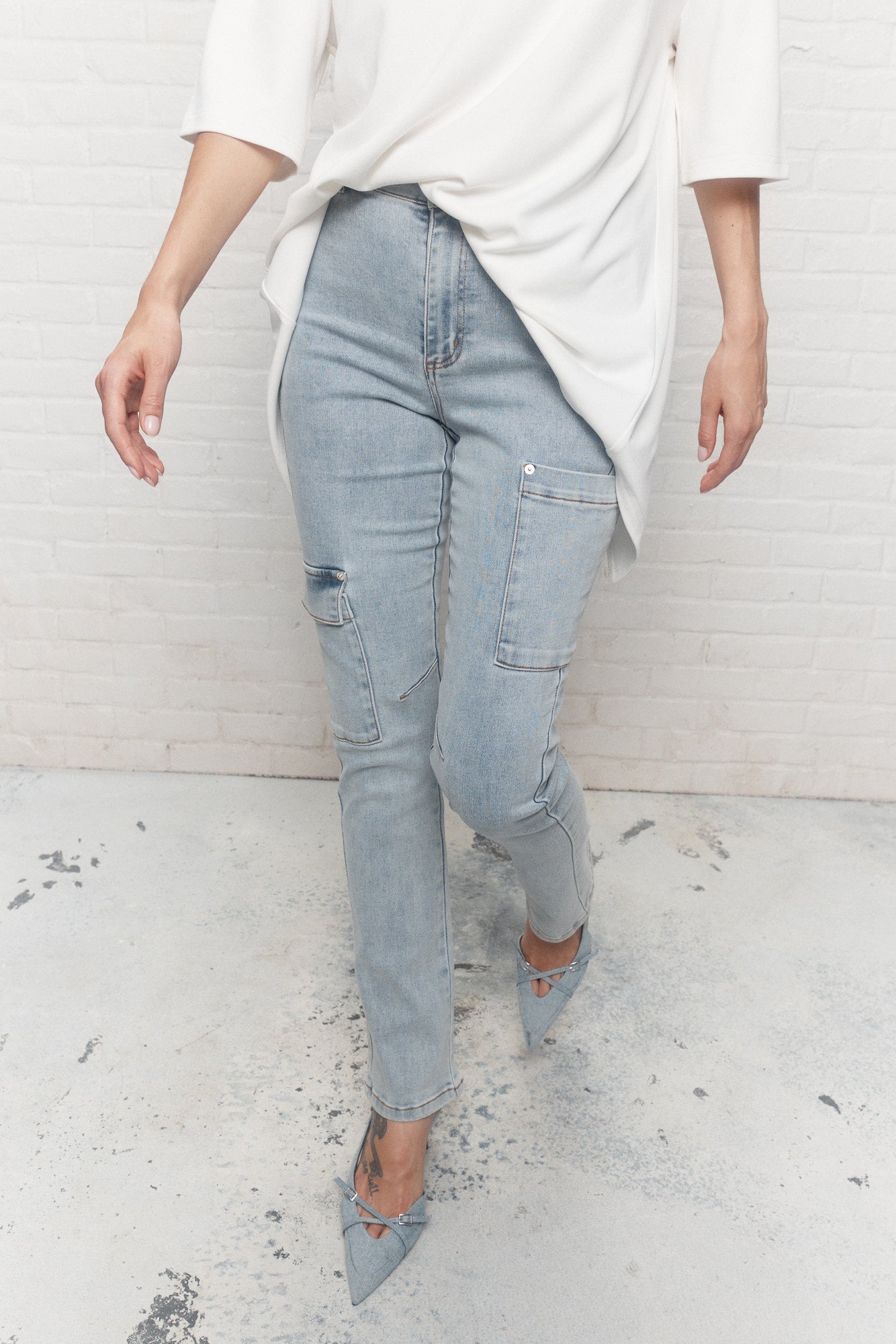 Fassety | Jeans cargo bleu délavé