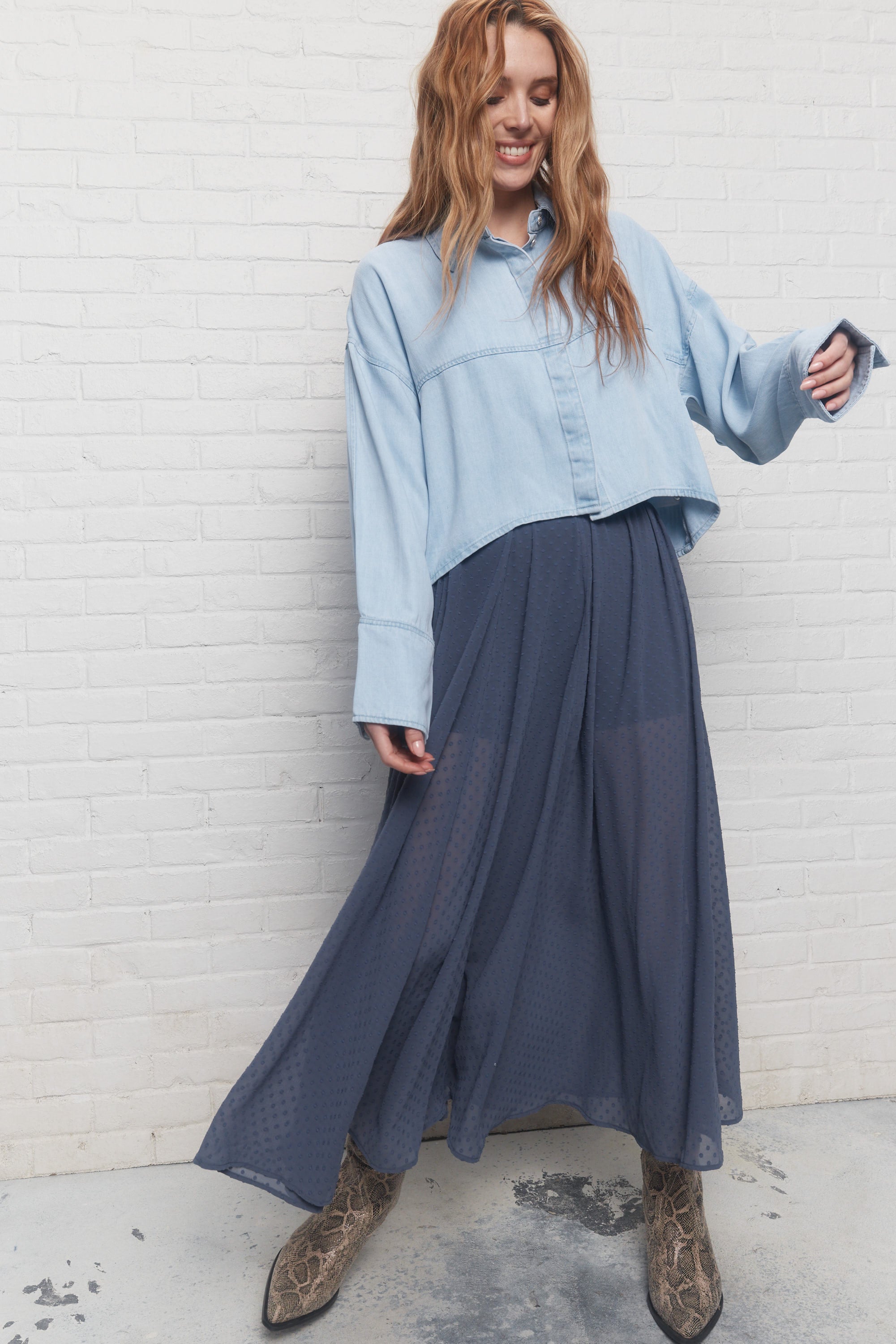 Nika | Long Pleated Blue-grey Skirt