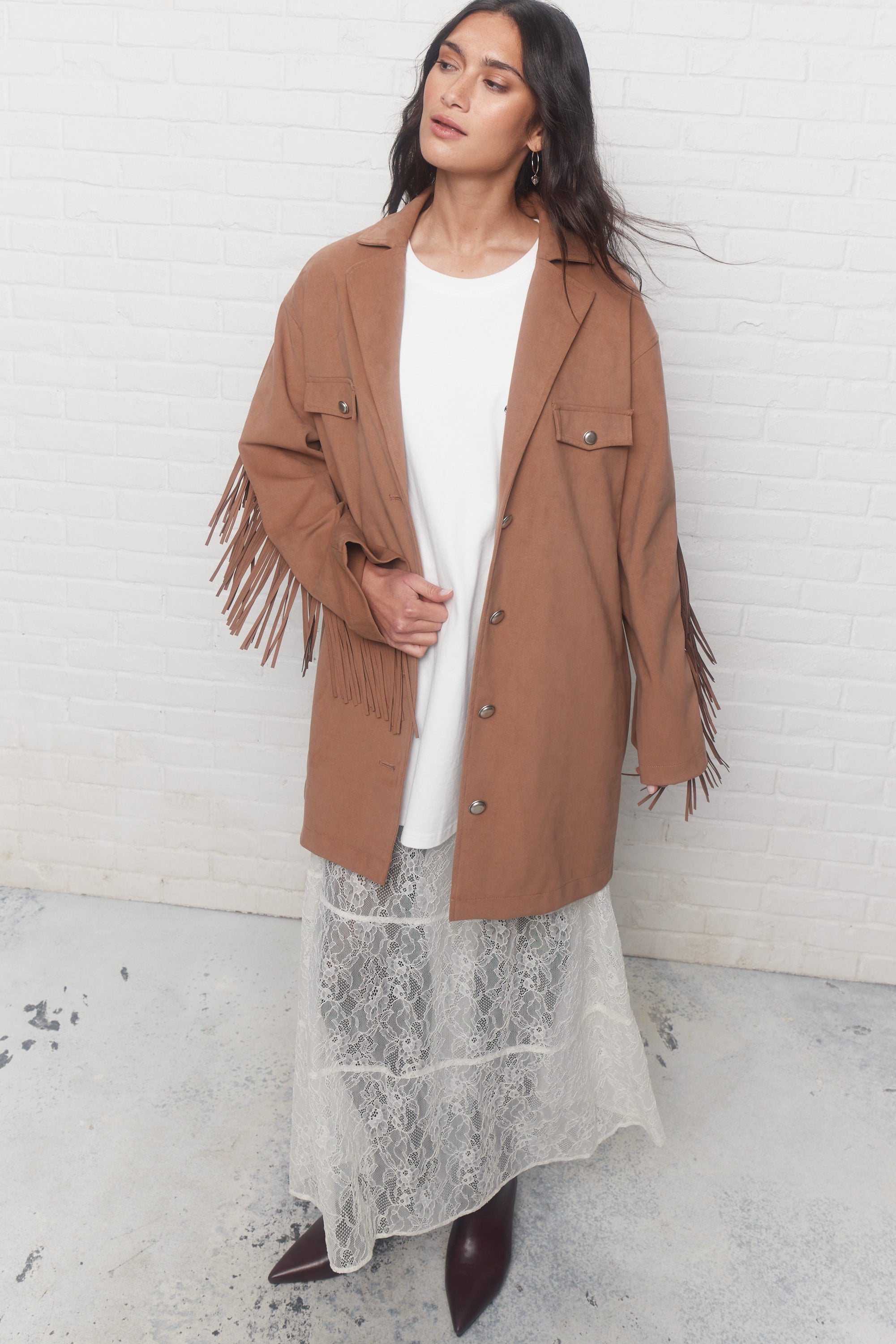 Solene | Tan Fringe Jacket