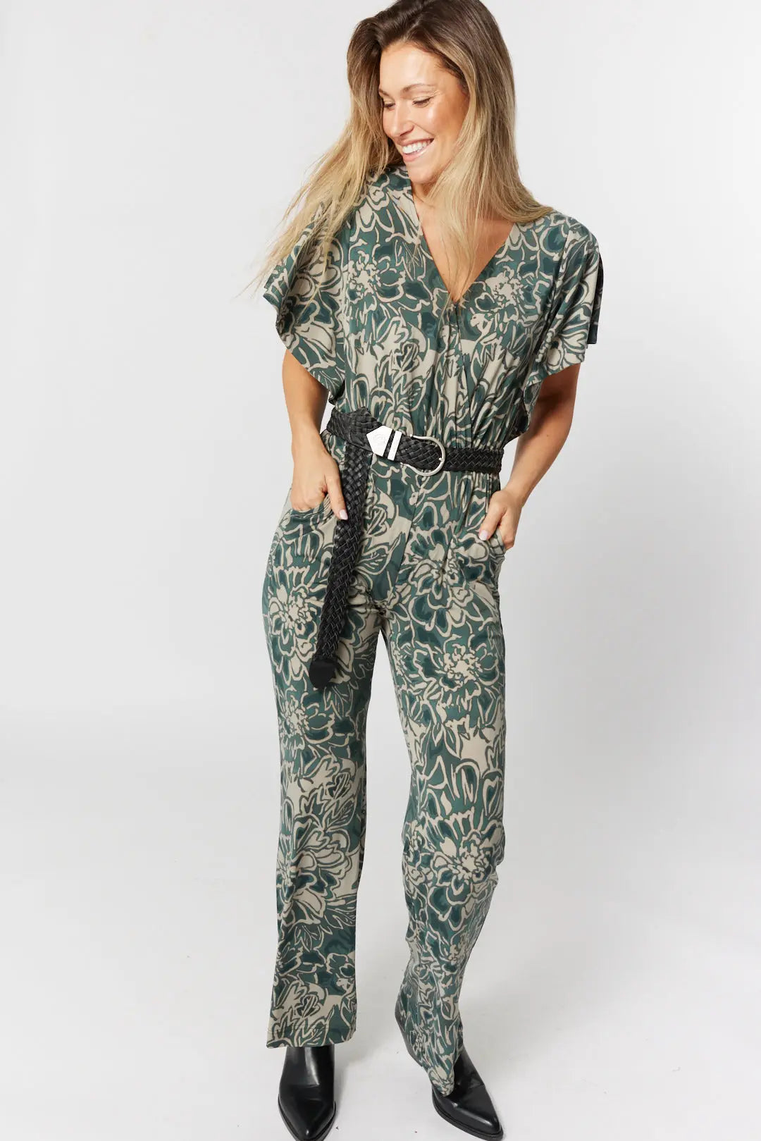 Combinaison verte à motifs manches à volants | Jessyan JOELLE Collection