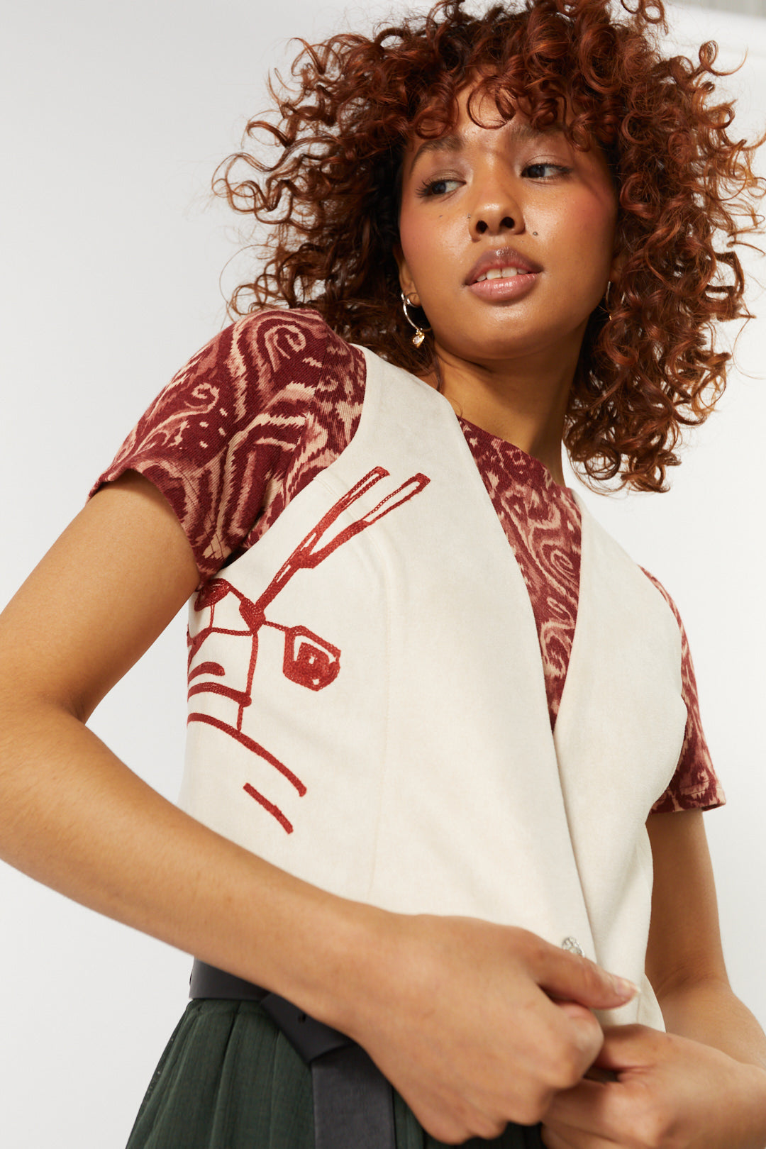 Ivory faux suede vest with embroidery | Vest