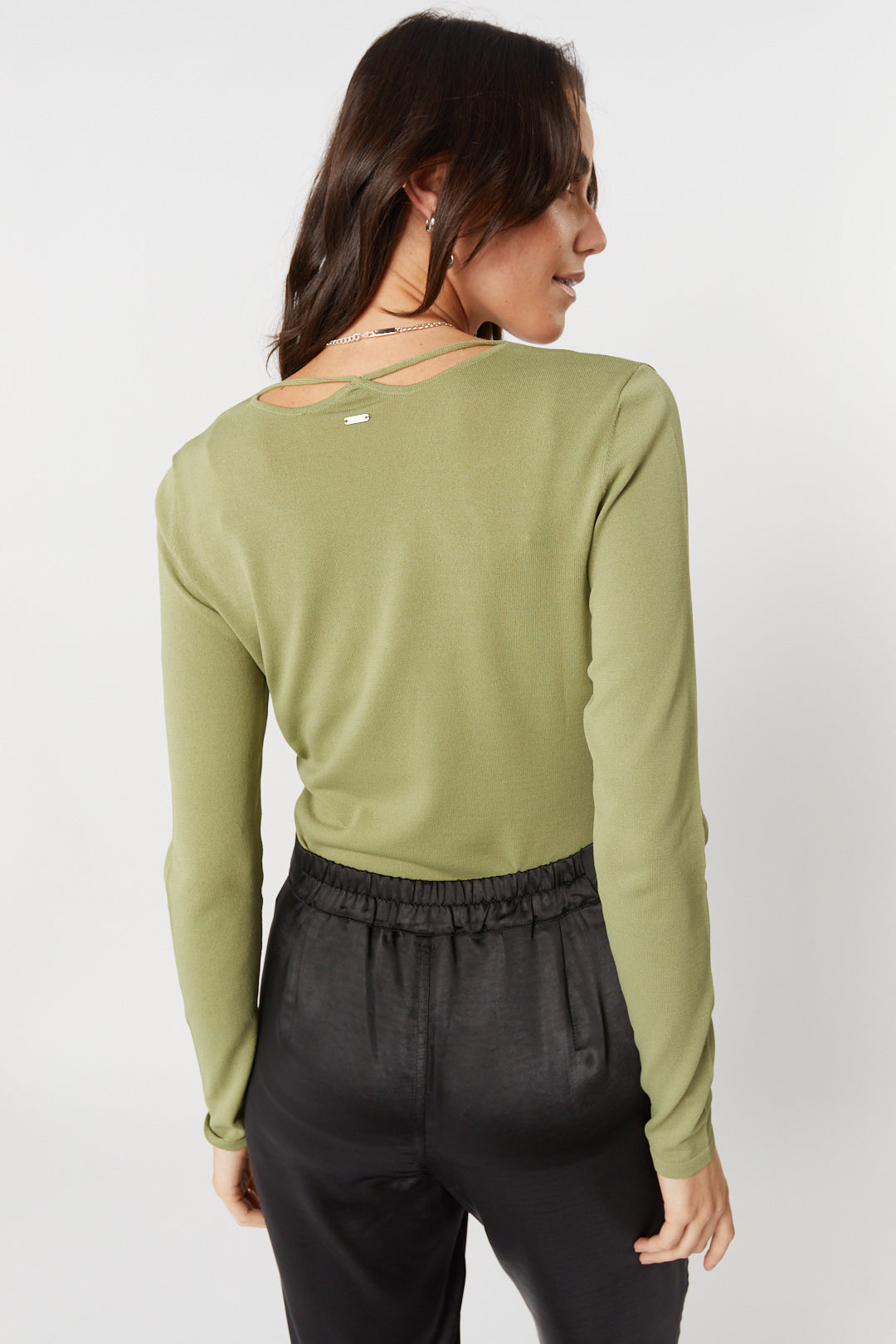 Sage green drawstring neckline sweater | Delos