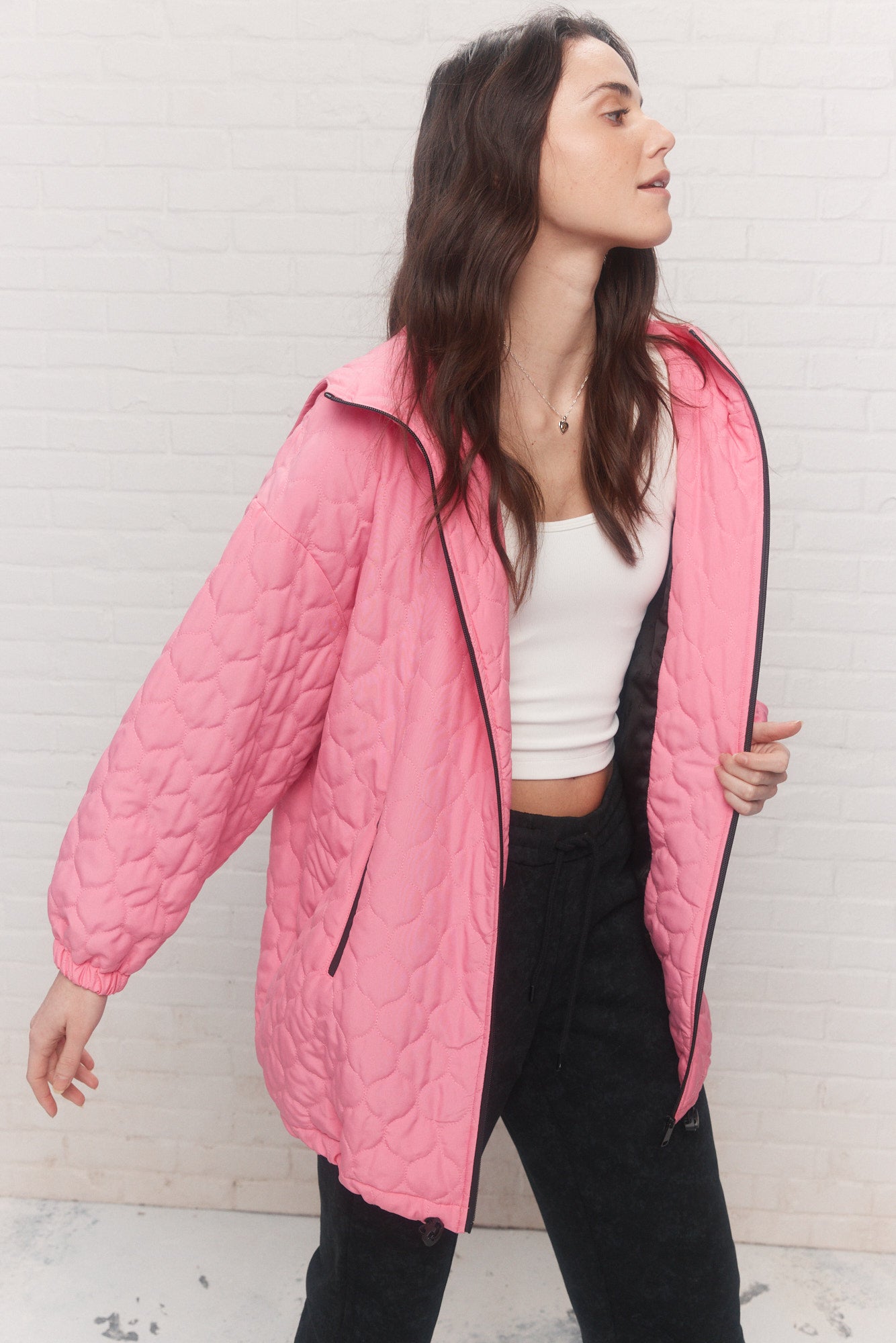 Loose pink quilted coat | Adirole