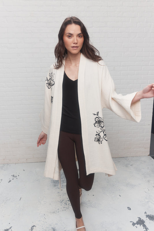 Kimono détente blanc ample avec imprimé | Idalia