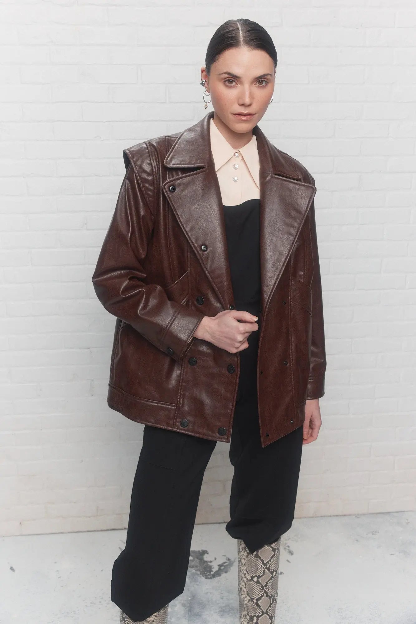 Manteau marron faux cuir style aviateur | Leonie JOELLE Collection