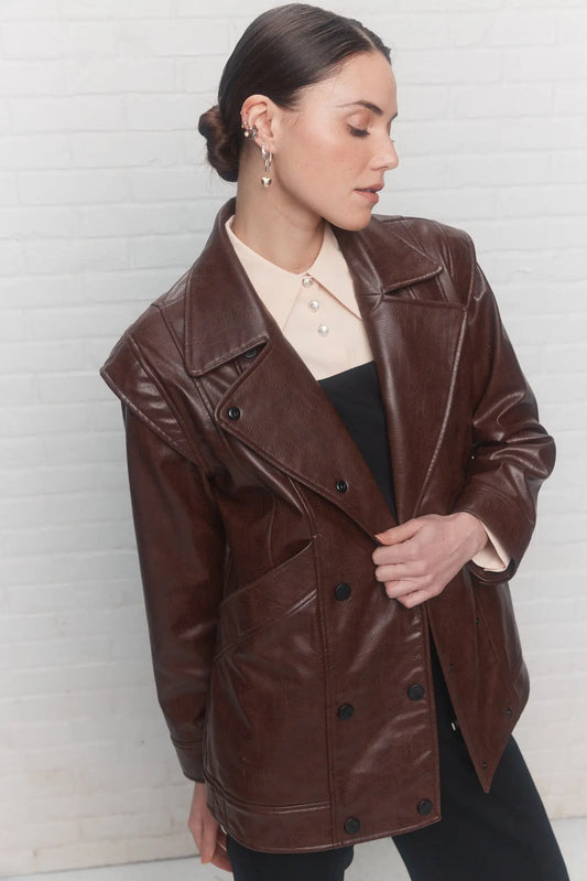 Brown faux leather aviator style coat | Leonie