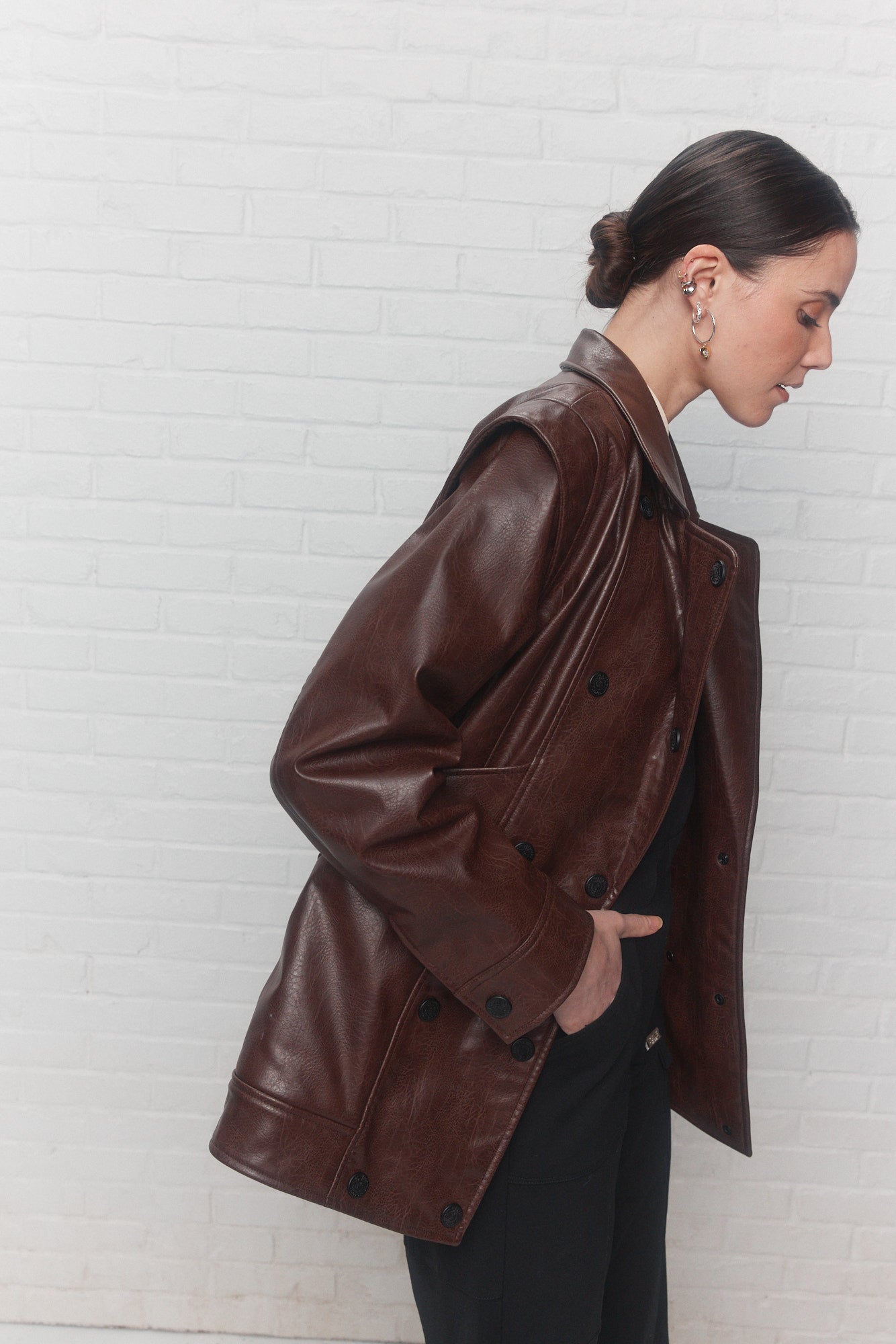 Brown faux leather aviator style coat | Leonie