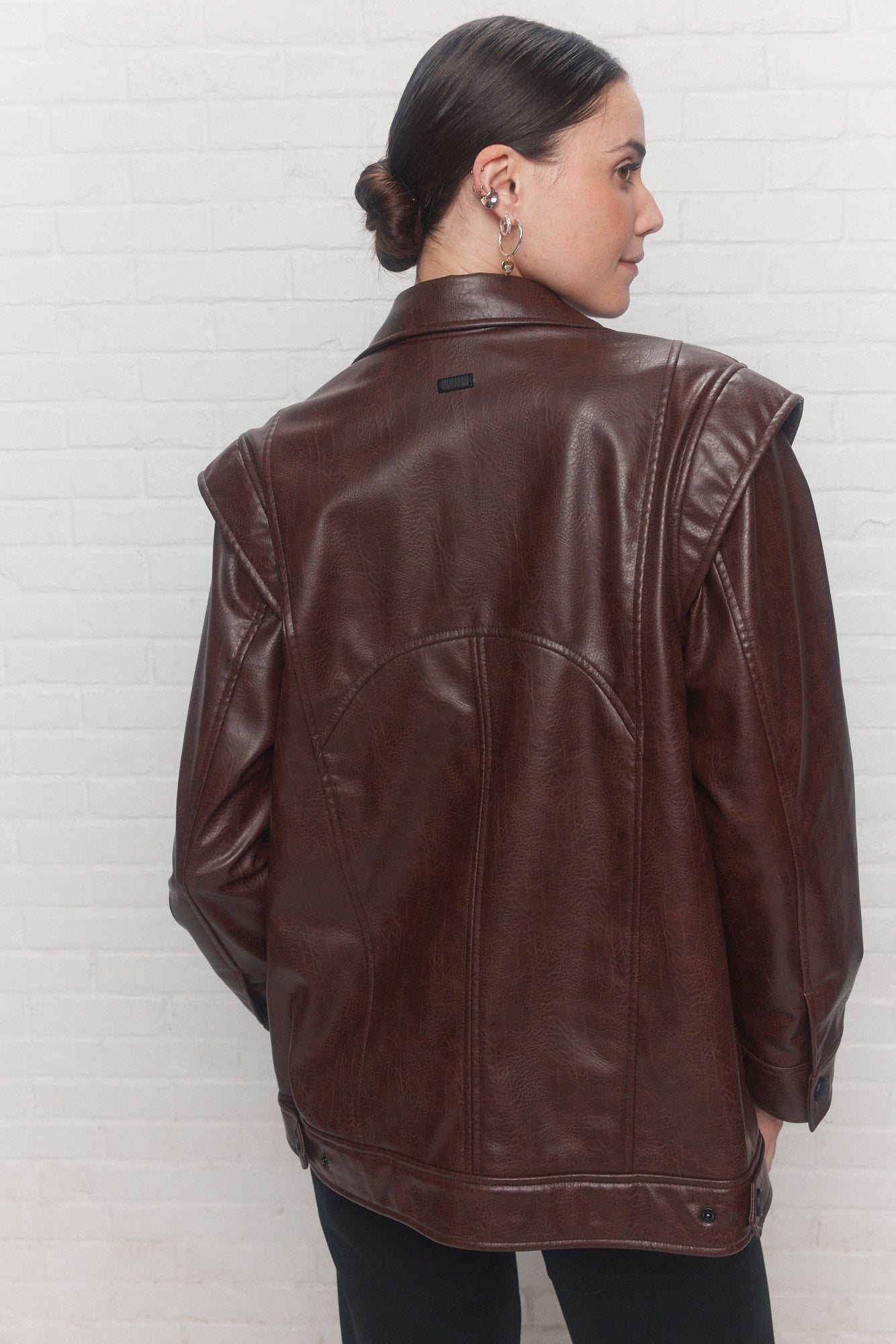 Brown faux leather aviator style coat | Leonie