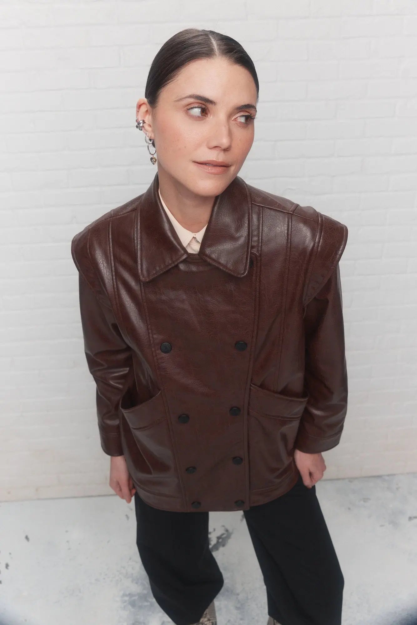 Manteau marron faux cuir style aviateur | Leonie JOELLE Collection