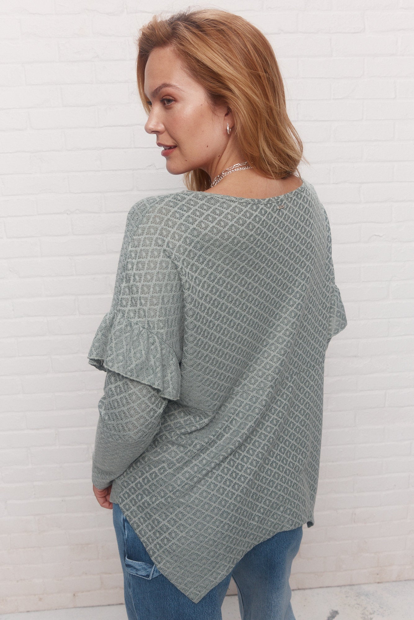 Green textured ruffled sweater | Rivington