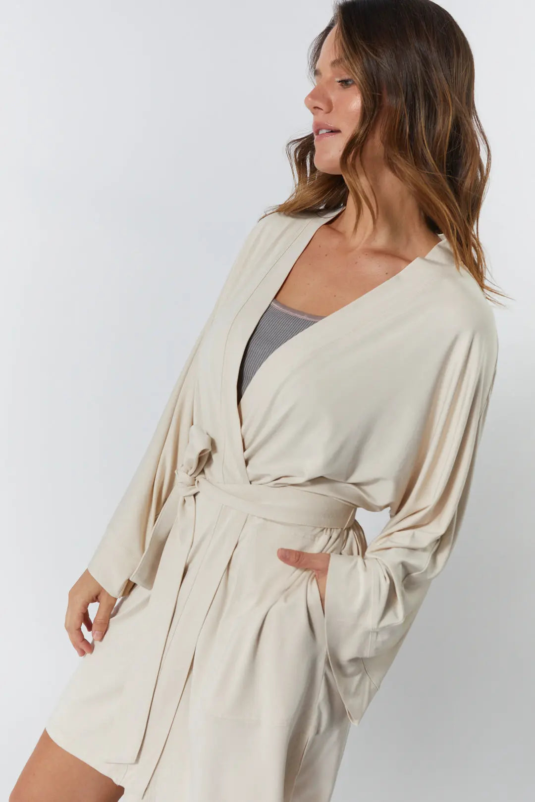 Peignoir détente beige ample en bamboo | Idalia JOELLE Collection