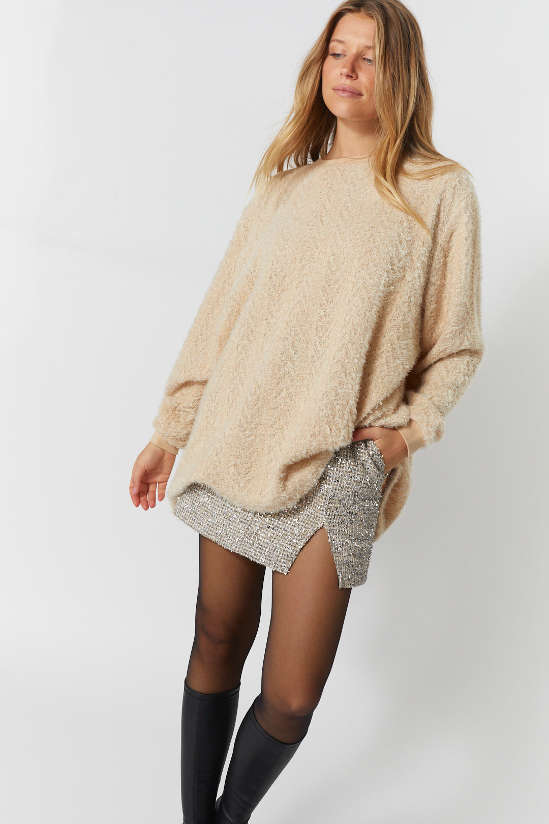 Beige textured fuzzy sweater | Melianna