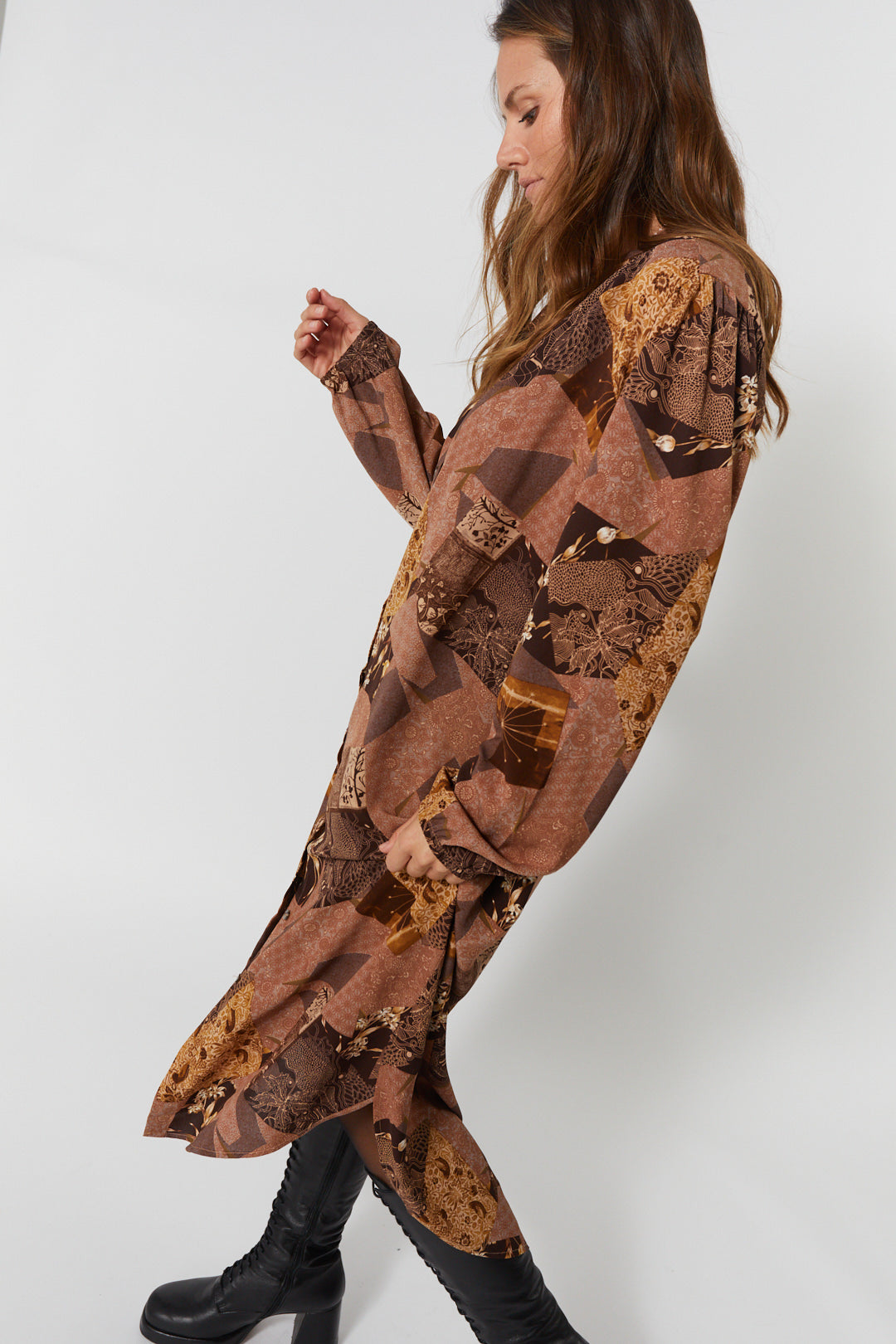 Brown patchwork shirt dress | Evans