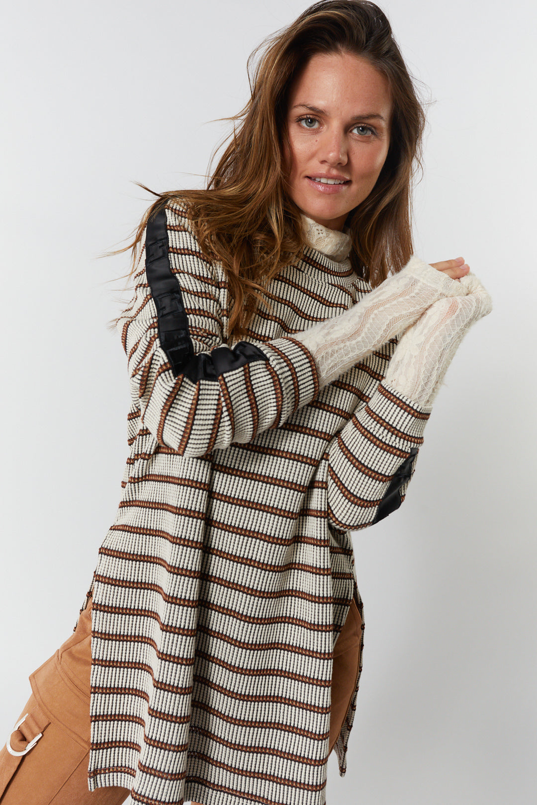 Ivory brown lined knit sweater | Rosie