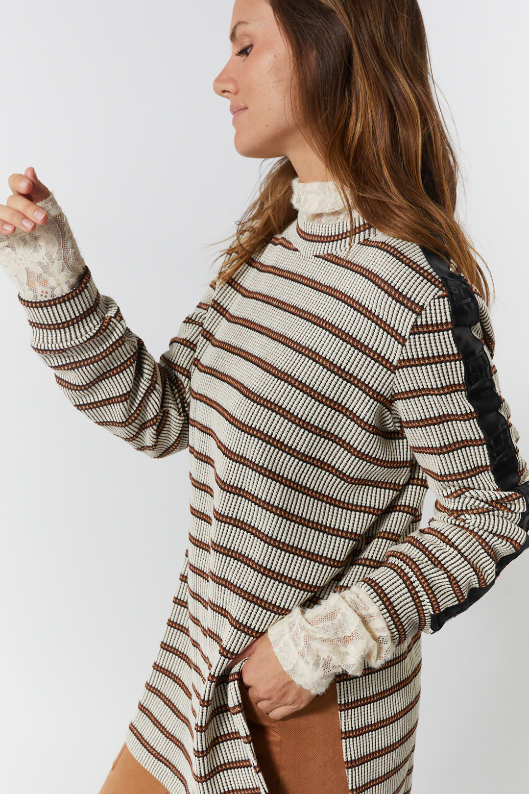 Ivory brown lined knit sweater | Rosie