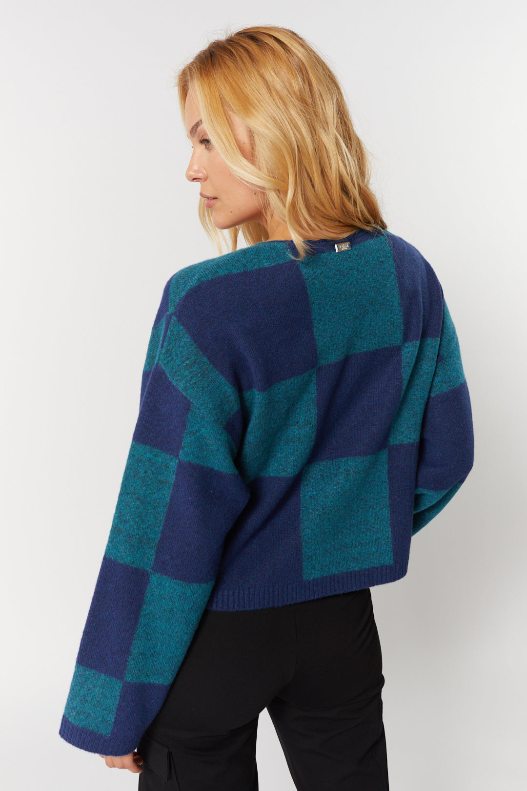 Teal and Blue Plaid Knit Sweater | Check