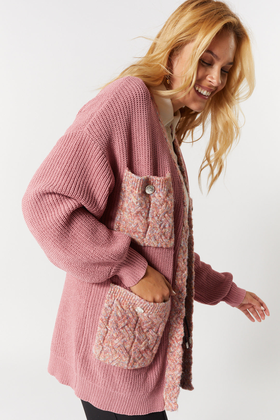 Pink knitted jacket with patch pockets | Cullen