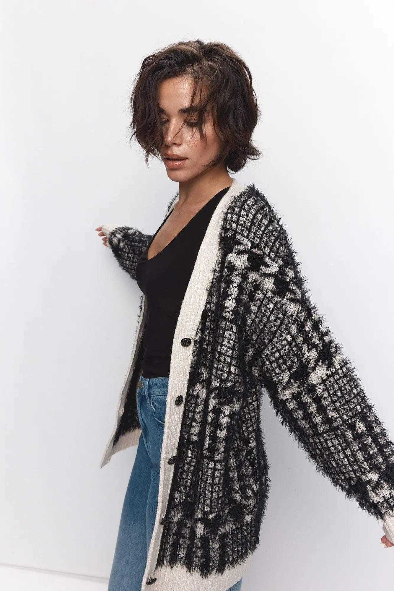 Cardigan blanc et noir motif pied de poule pour femme Cardi