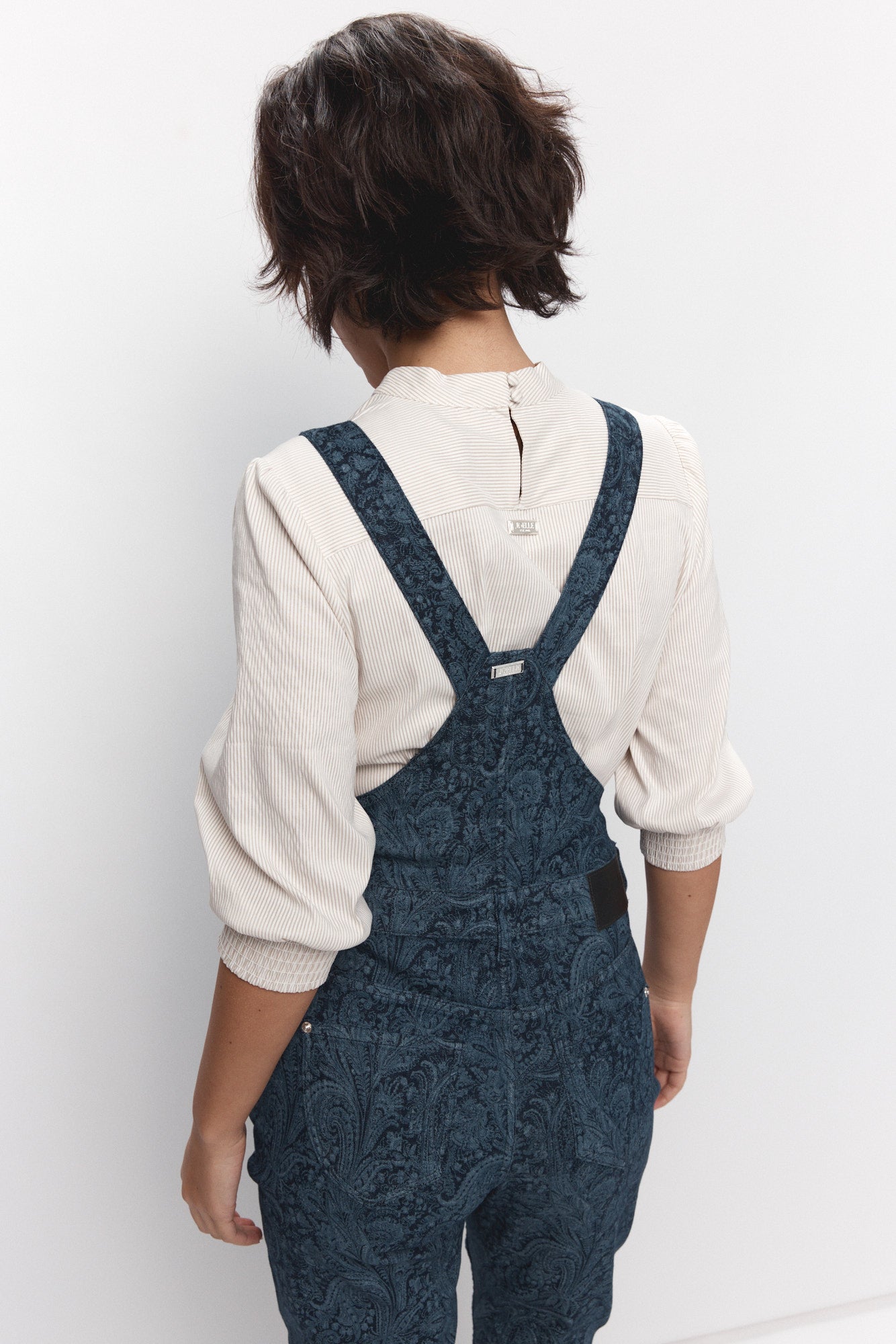 Black paisley patterned denim overalls | Serac