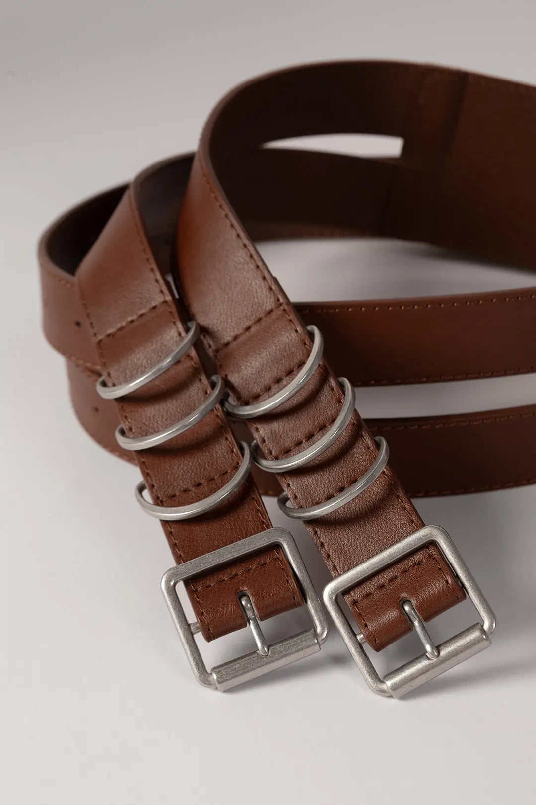 Ceinture double marron boucle argent brossé | Rafele JOELLE Collection