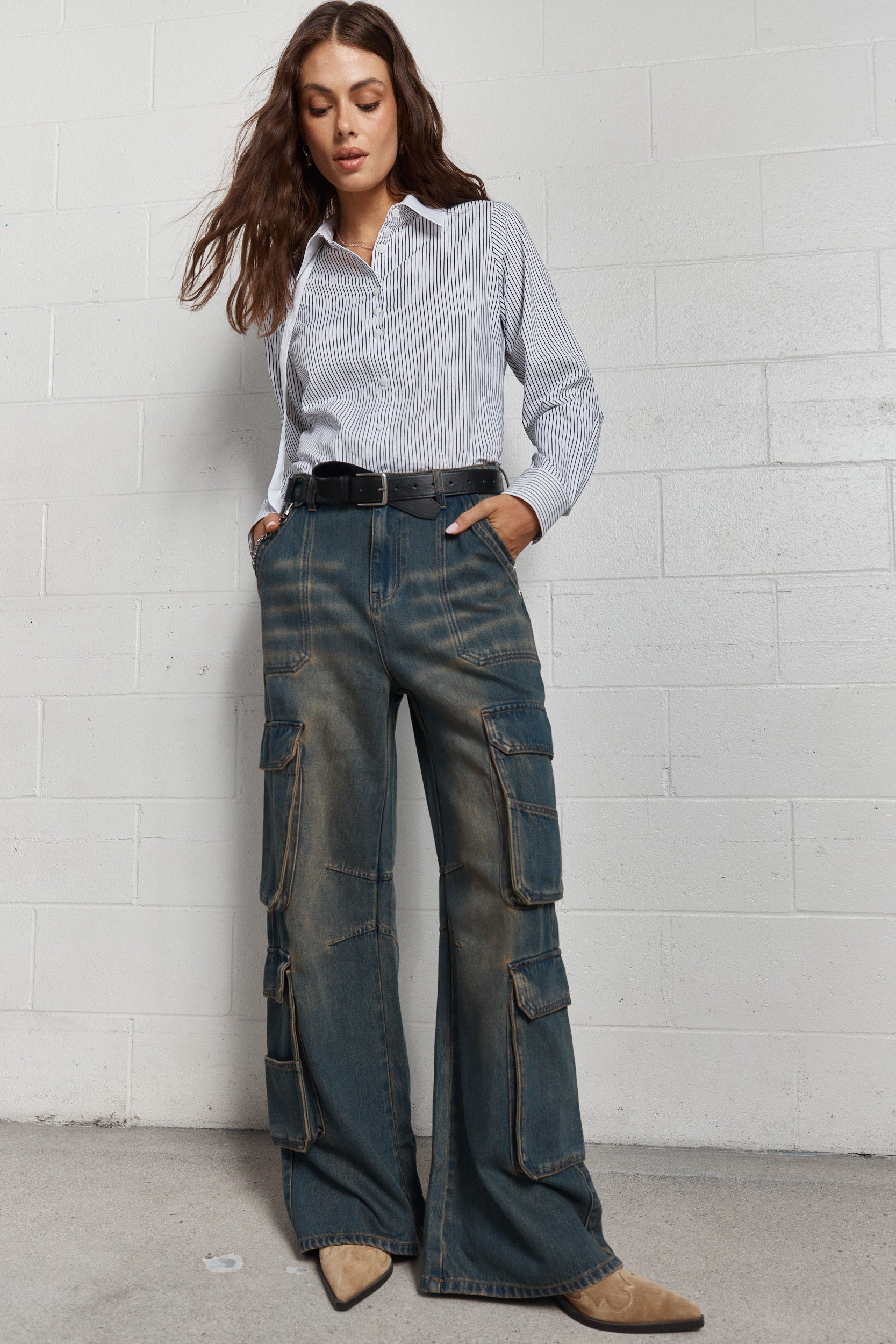 Channing | Washed blue wide leg cargo jeans