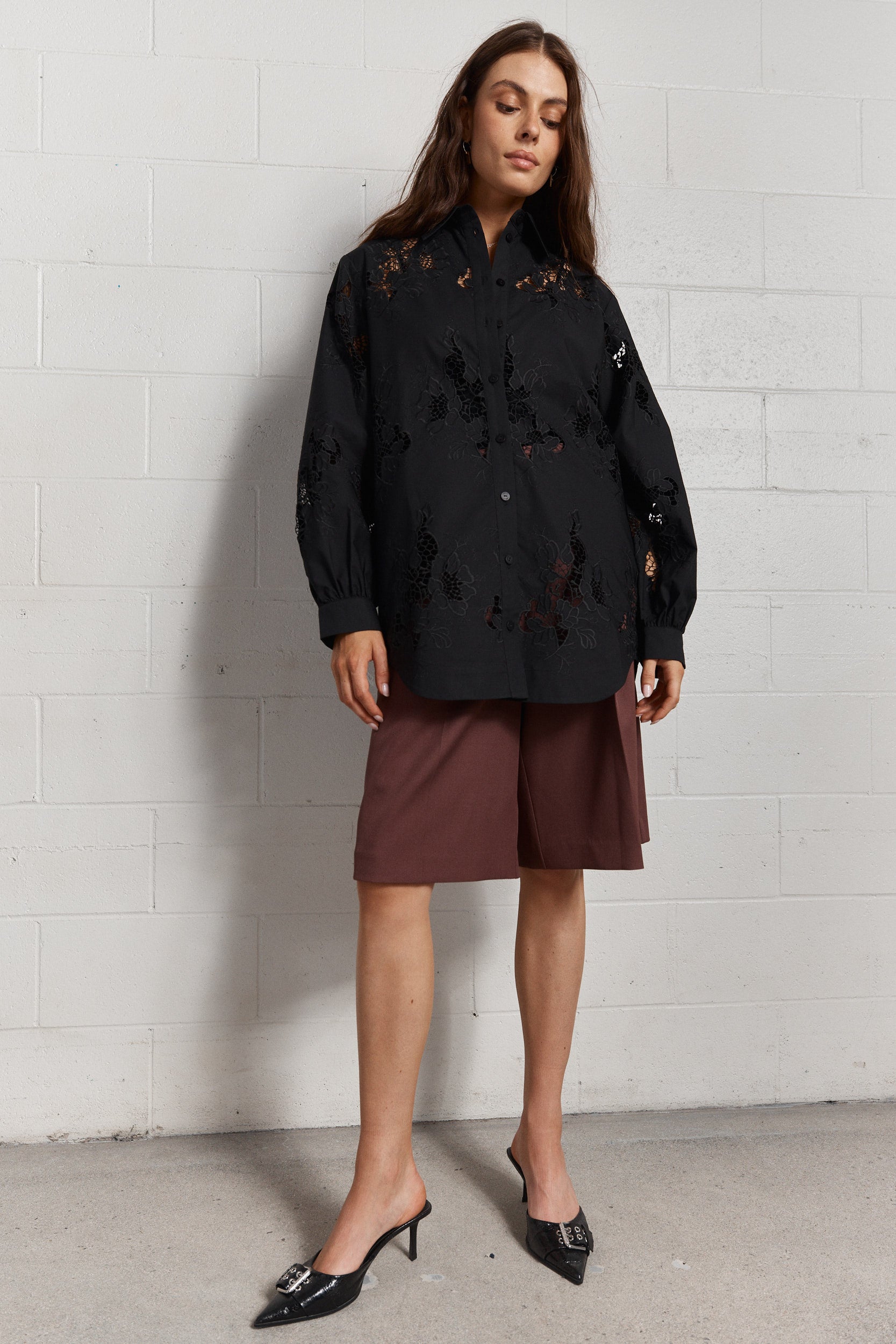 Supernova | Embroidered black shirt with openwork details