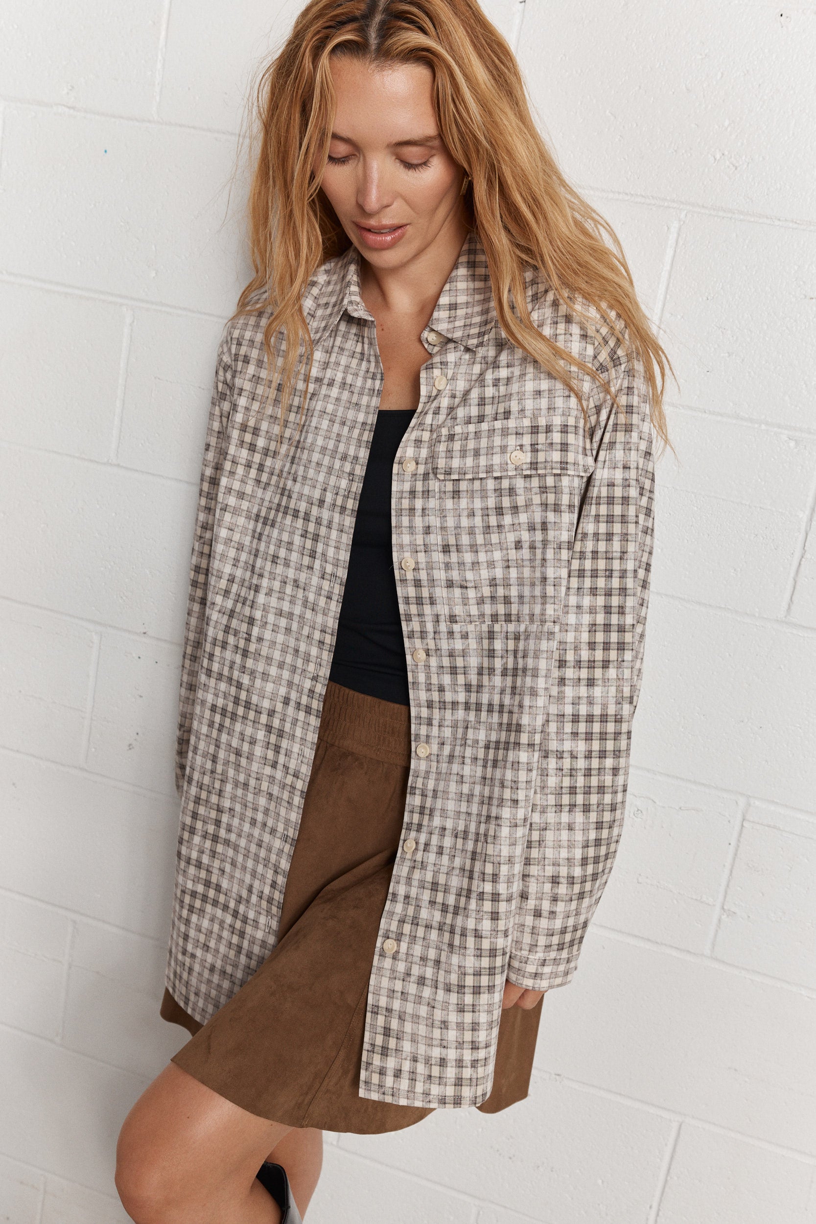 Bodhison | Cream Plaid Oversized Shirt