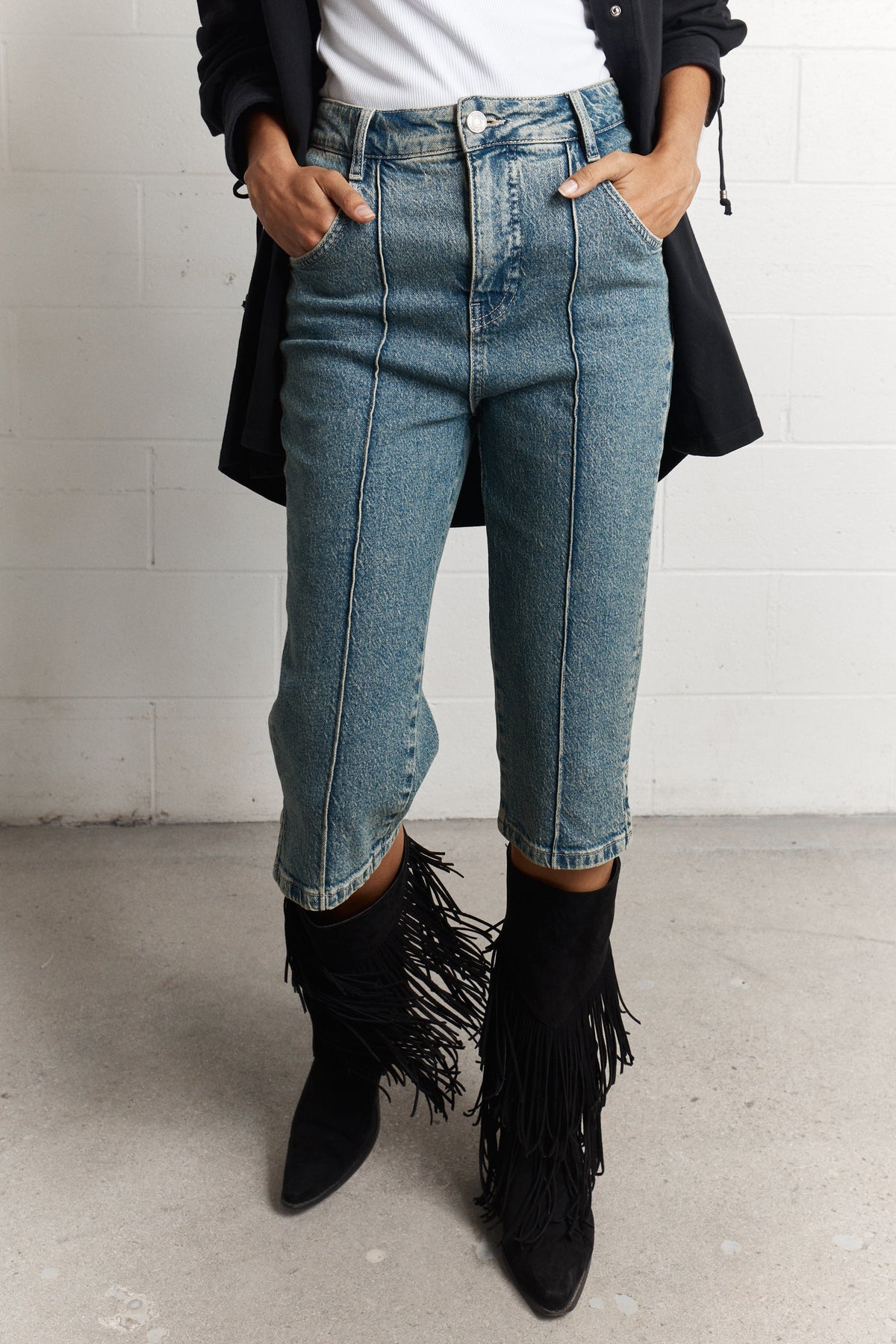 Jim | Jean capri ajusté bleu délavé